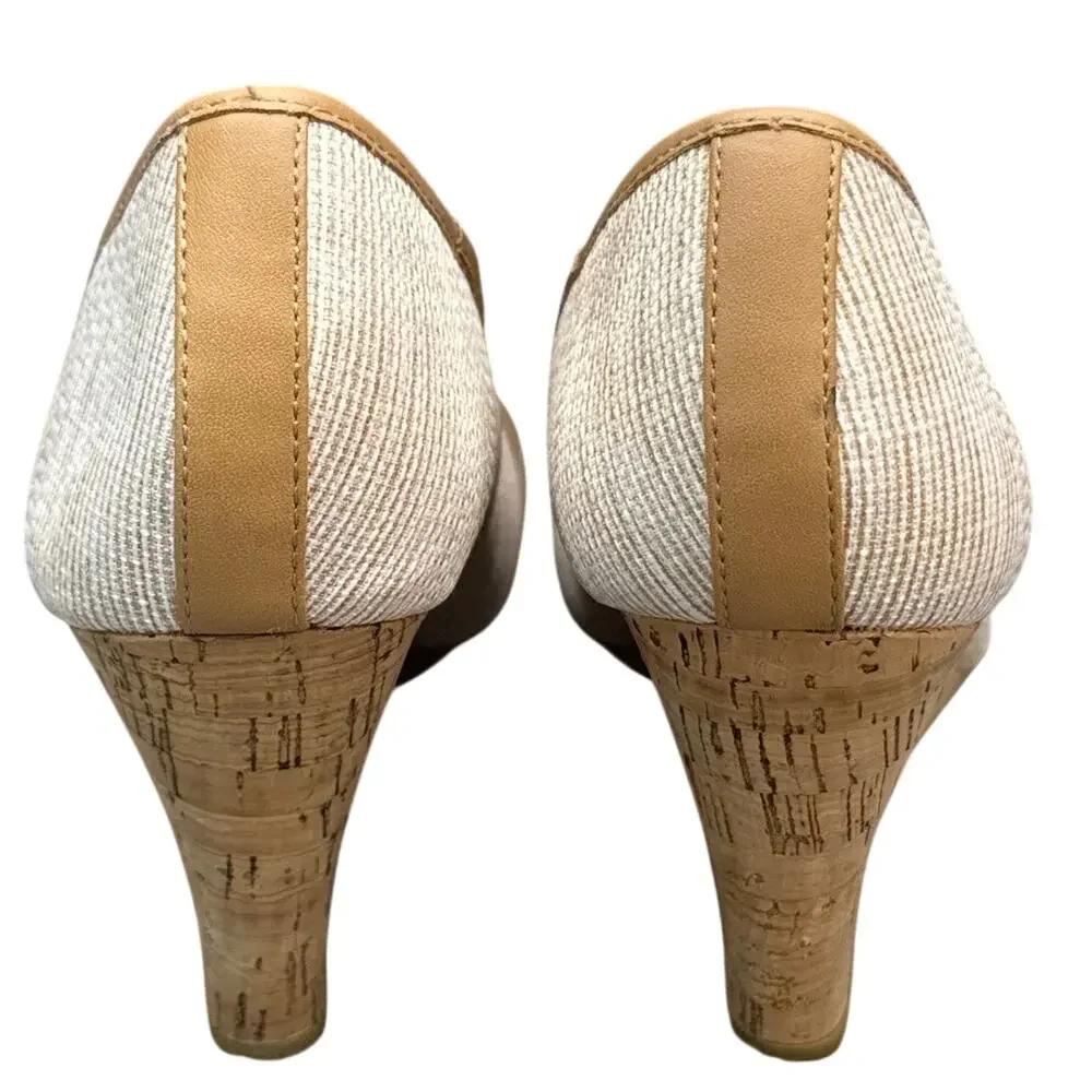 Tommy Hilfiger Tatiana Tweed Gold Brand Logo Cork Wedge Peep Toe Pumps Women 8.5